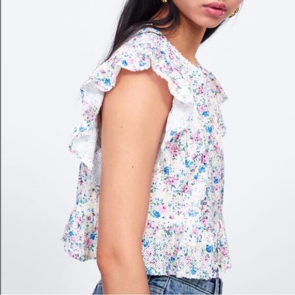 Zara Sequin Pastel Floral Ruffle Crop Top Blouse - Picture 9 of 12